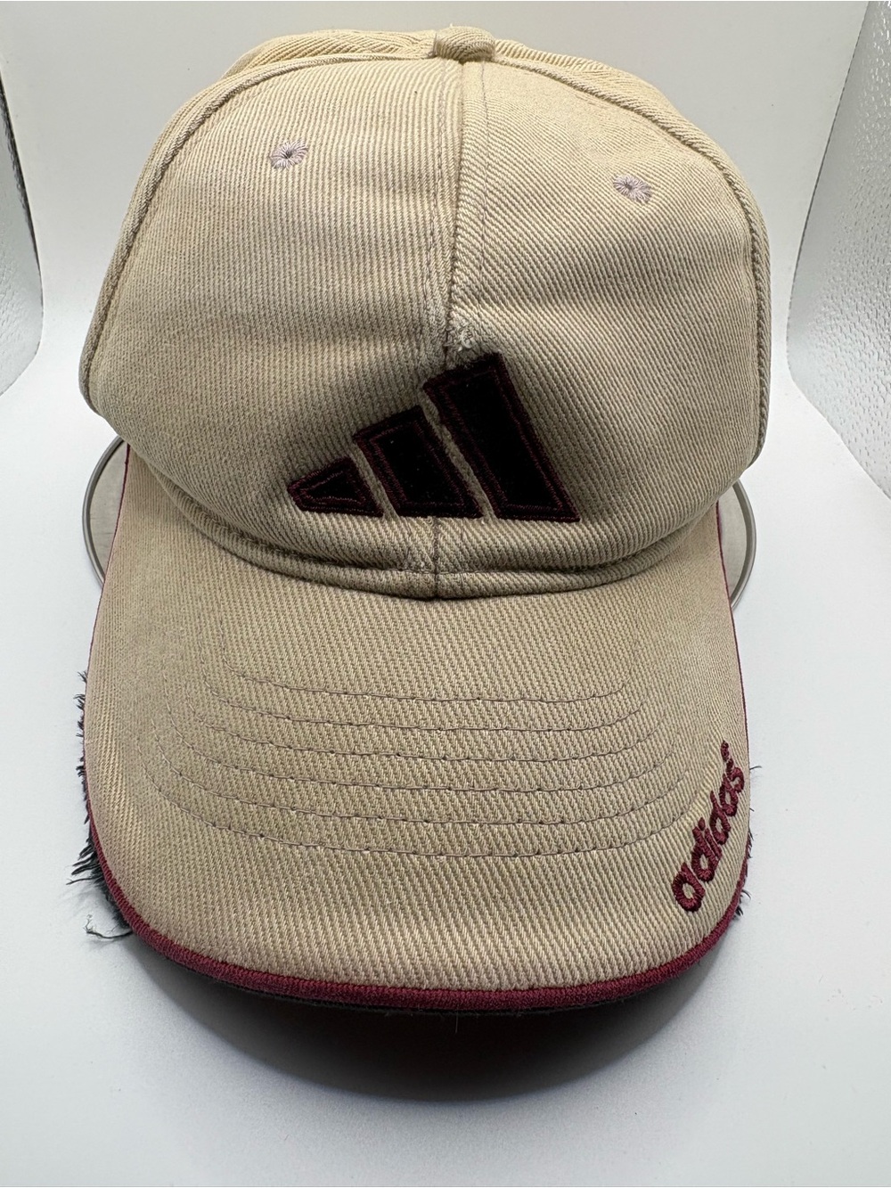 Adidas Tan Distressed Strapback Dad Hat Beige Maroon Adjustable Cap